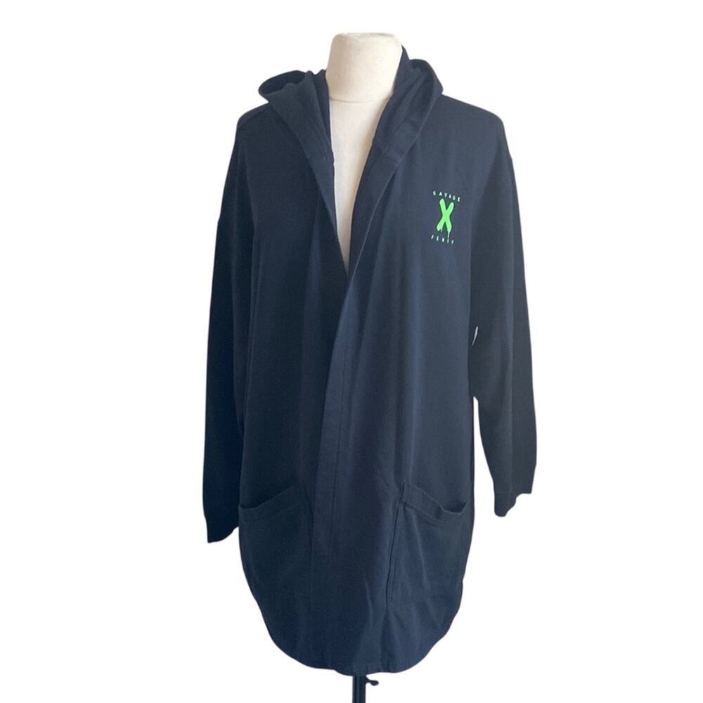 SAVAGE FENTY Hooded Robe Womens Sz Medium Black Sweat Robe Open Front Loungewear - Picture 1 of 8